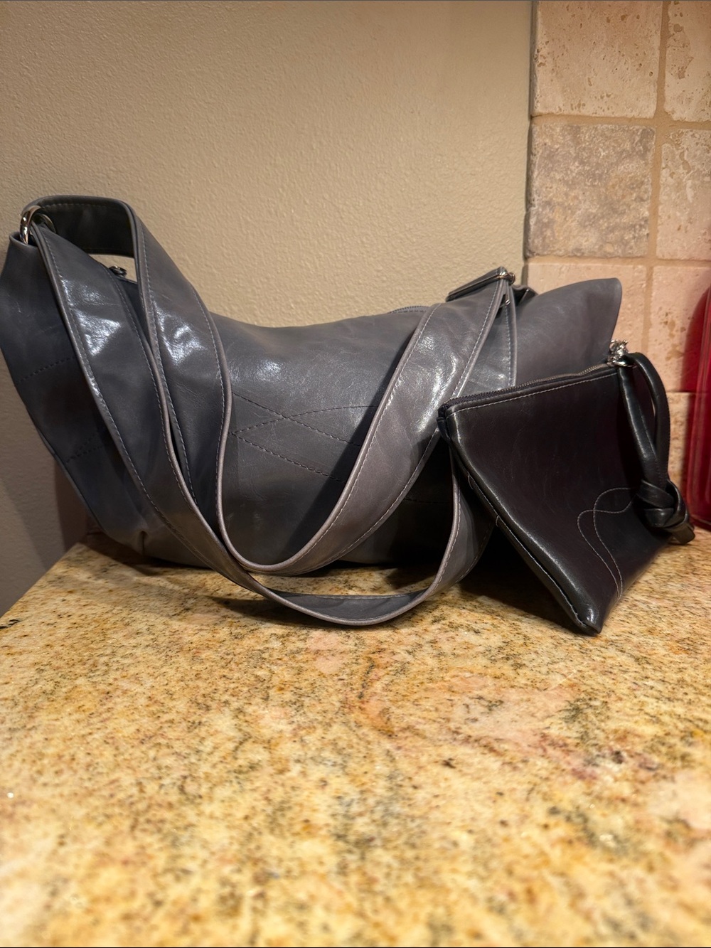 Crystalyn Kae Gray half moon purse with matching black Pouch. NWOT vegan - Picture 3 of 12